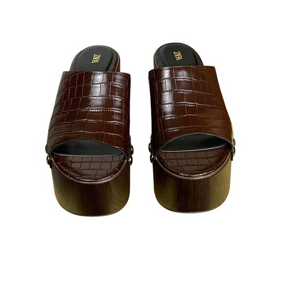 Zara Dark Brown Textured Wedge Studded Platform Mules Size 39 US 6 - Picture 3 of 9